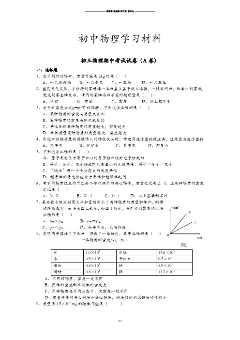 人教版九年级物理初三期中考试试卷(A卷).docx