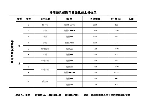 新疆呼图壁县朝阳苗圃苗木报价单