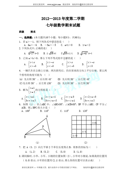 2012~2013学年度第二学期期末学业水平调研测试七年级数学试题