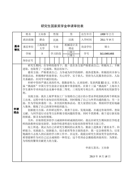 王向春研究生国家奖学金申请审批表