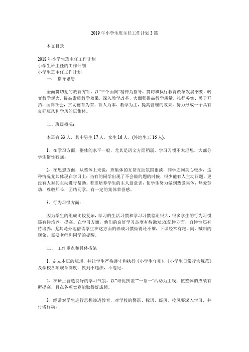 2019年小学生班主任工作计划3篇.doc