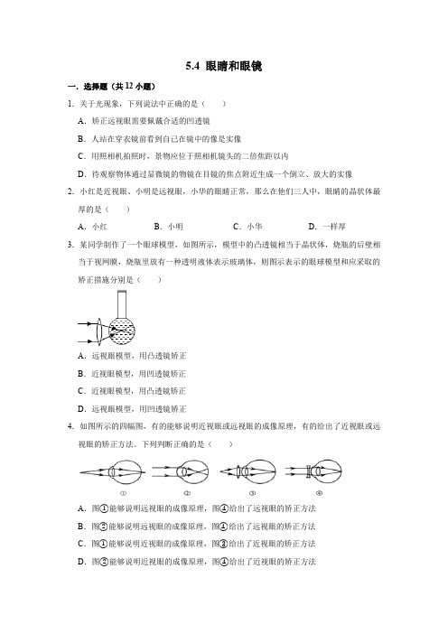 人教新版八年级上学期物理同步练习  5.4 眼睛和眼镜   含详细答案