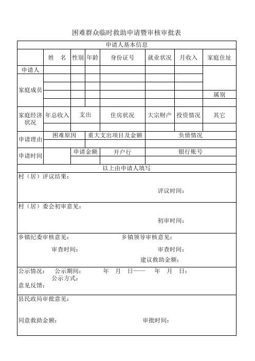 困难群众临时救助申请暨审核审批表