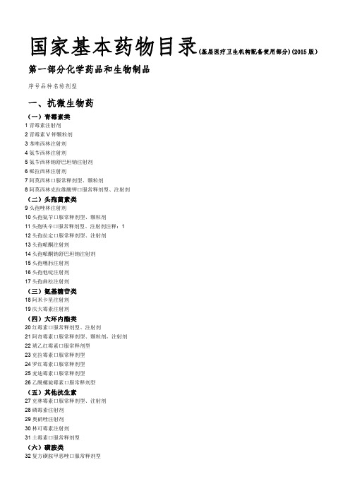 国家基本药物目录(基层医疗卫生机构配备使用部分) (2015版