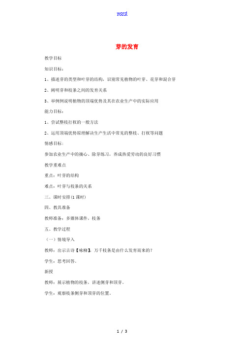 八年级生物上册 3.1.3 芽的发育教案 (新版)冀教版-(新版)冀教版初中八年级上册生物教案