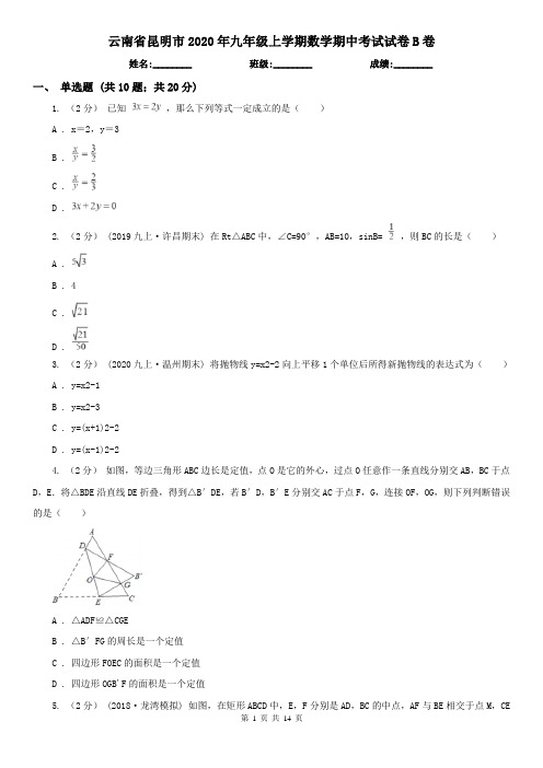 云南省昆明市2020年九年级上学期数学期中考试试卷B卷