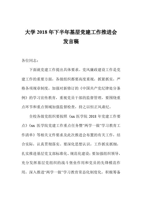 大学2018年下半年基层党建工作推进会发言稿