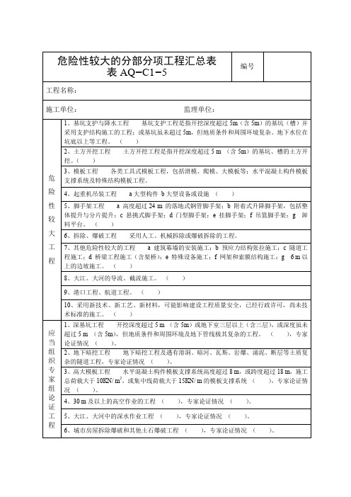 危险性较大的分部分项工程汇总表