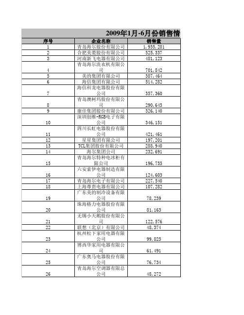 全国家电下乡各生产企业销售情况统计(2009年1-6月份)