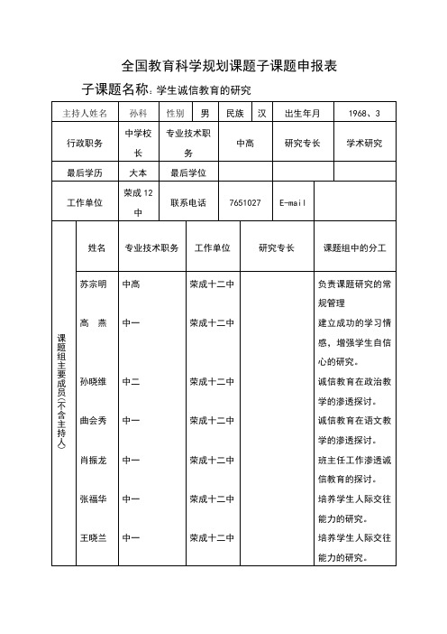 德育课题子课题申报表
