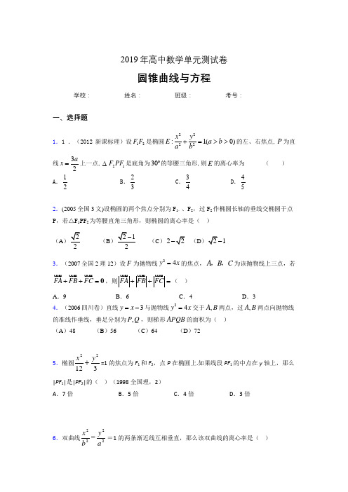 精选最新版2019高中数学单元测试《圆锥曲线方程》模拟考核题(含答案)