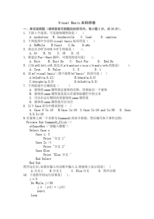 Visual Basic本科样卷