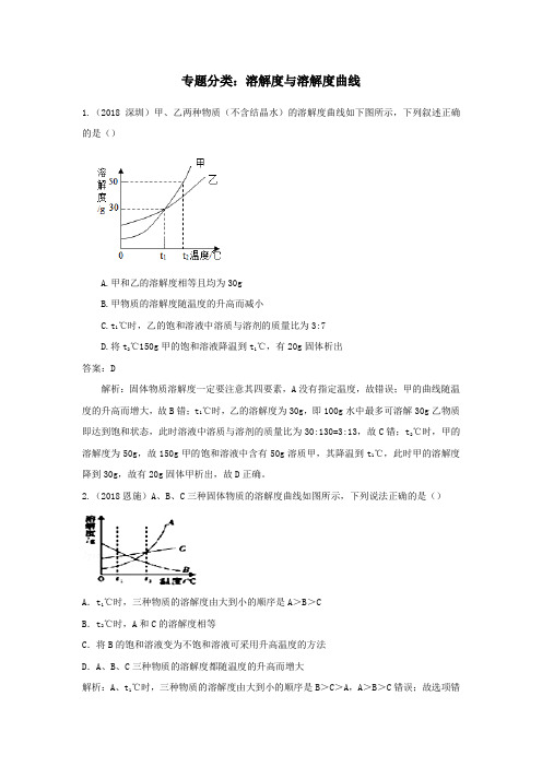 2018年中考化学真题分类汇编溶解度与溶解度曲线含解析
