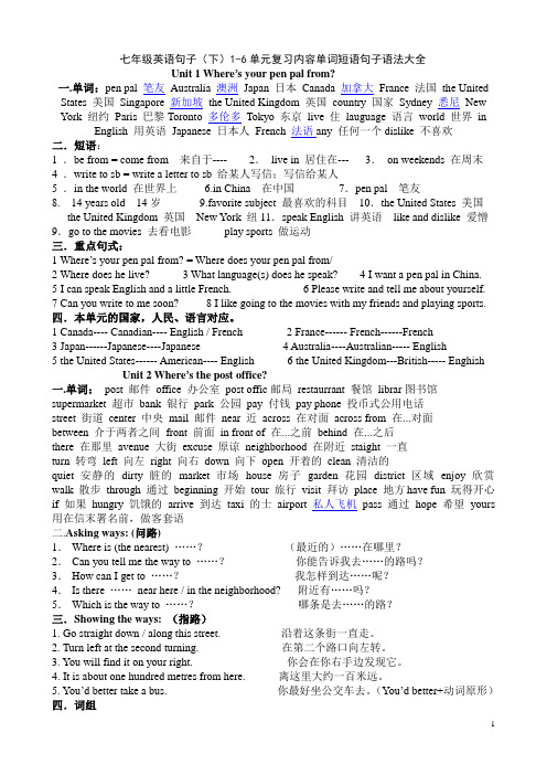 七年级下英语1-6单元复习大全