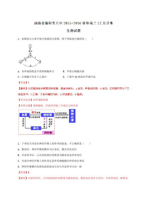 【全国百强校】湖南省衡阳市第八中学2015-2016学年高二12月月考生物试题解析(解析版)