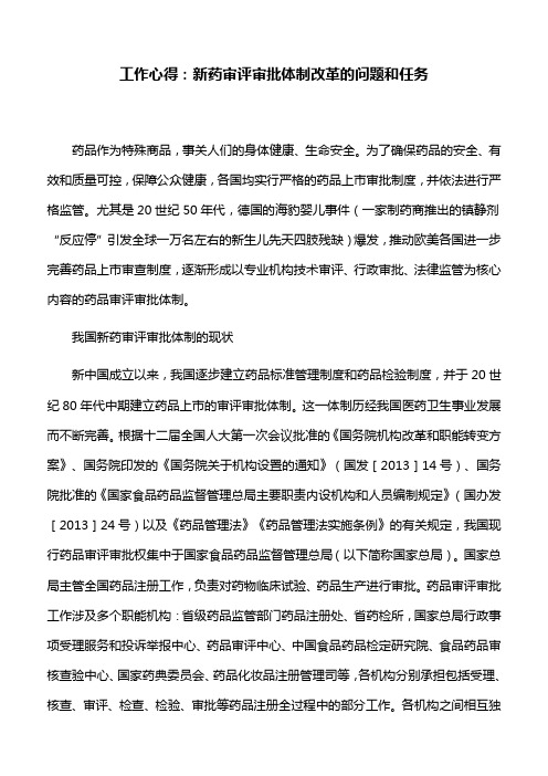 工作心得：新药审评审批体制改革的问题和任务