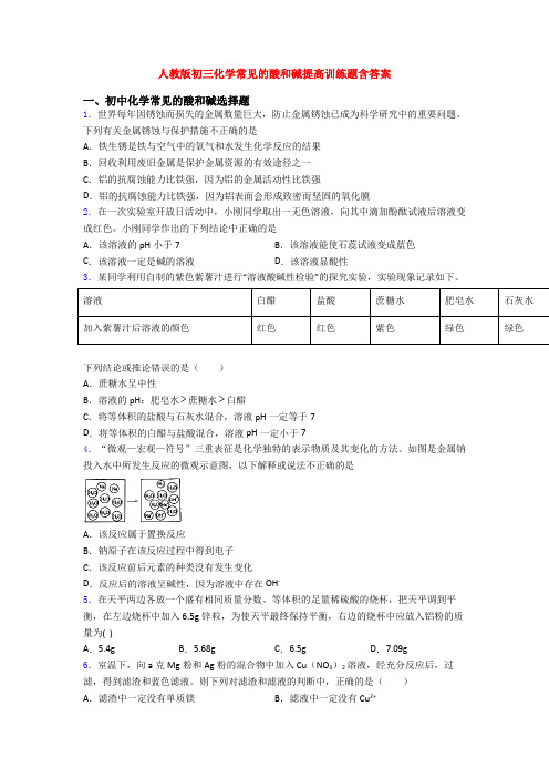 人教版初三化学常见的酸和碱提高训练题含答案