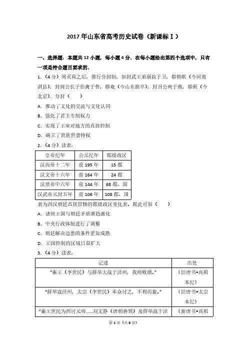 2017年山东省高考历史试卷(新课标Ⅰ)