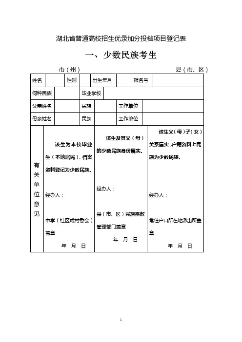 湖北省普通高校招生优录加分投档项目登记表