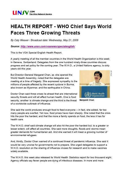 HEALTH REPORT - WHO Chief Says World Faces Three Growing Threats
