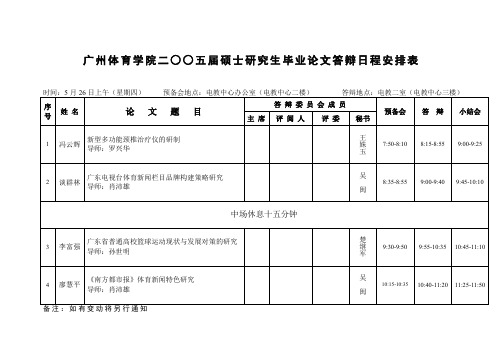 广州体育学院二五届硕士研究生毕业论文答辩日程安排表