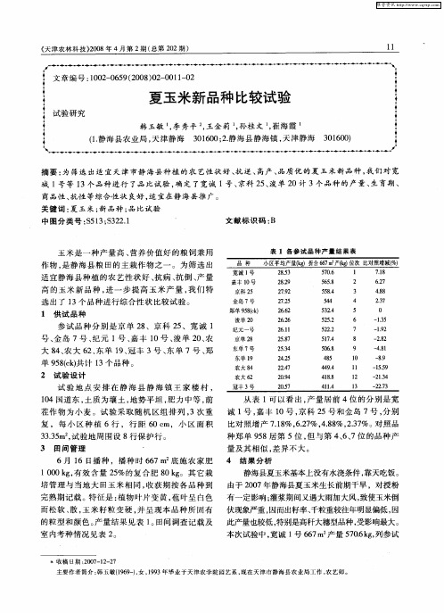 夏玉米新品种比较试验