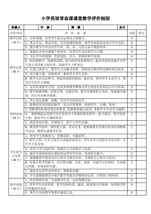 小学英语常态课课堂教学评价细则