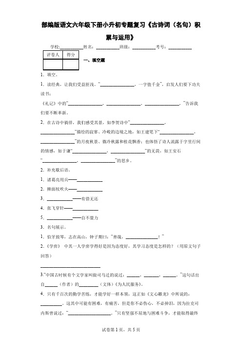 部编版语文六年级下册小升初专题复习《古诗词(名句)积累与运用》