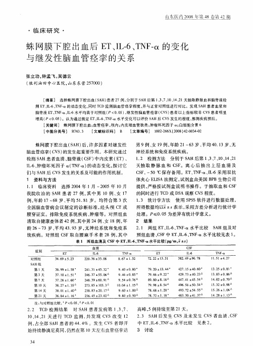 蛛网膜下腔出血后ET、IL-6、TNF-α的变化与继发性脑血管痉挛的关系