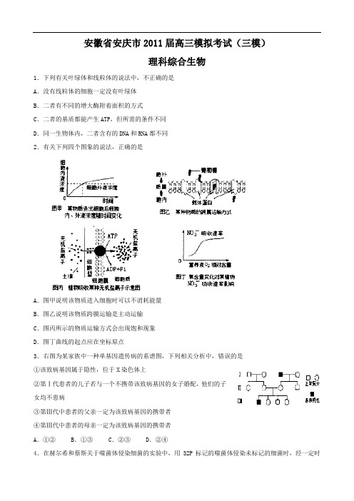 安徽省安庆市2011届高三模拟考试(三模)(理综生物)
