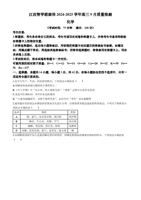 2025届江西智学联盟体高三9月质检化学试卷+答案