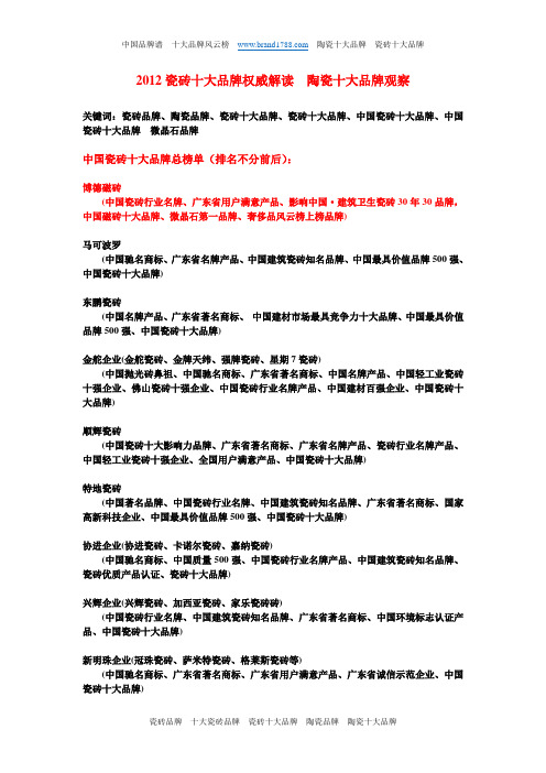 2012瓷砖十大品牌权威解读  陶瓷十大品牌观察