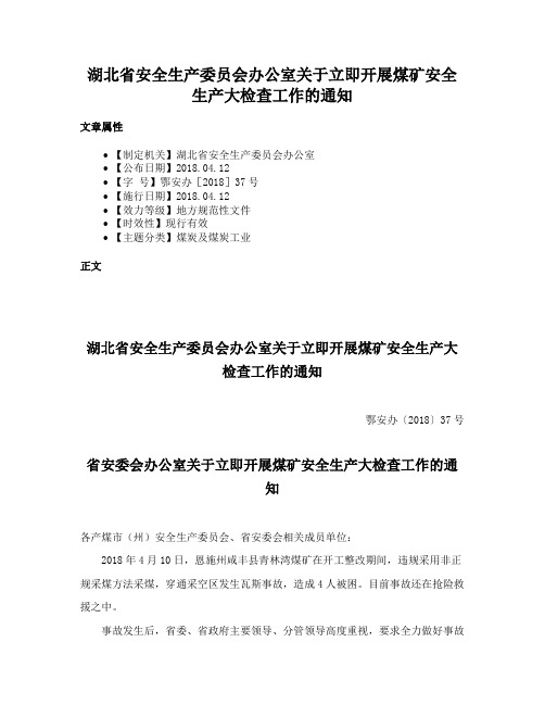 湖北省安全生产委员会办公室关于立即开展煤矿安全生产大检查工作的通知