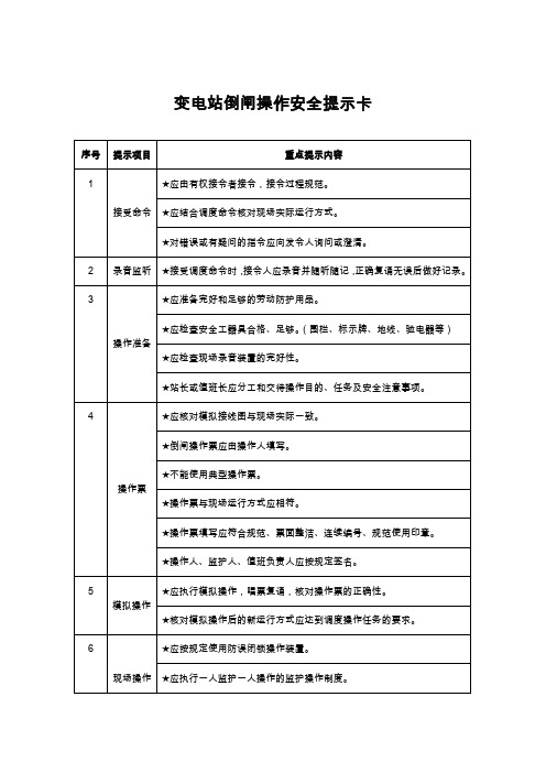 变电站倒闸操作安全提示卡