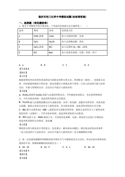 临沂市初三化学中考模拟试题(含标准答案)