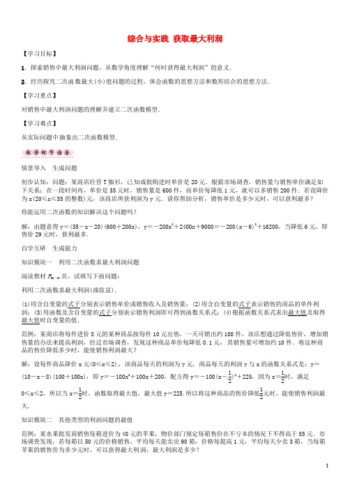 九年级数学上册 21.6 综合与实践 获取最大利润导学案 