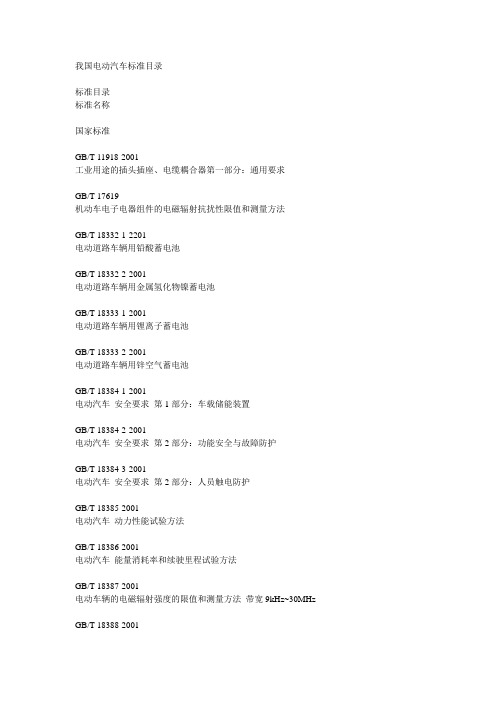 我国电动汽车标准目录
