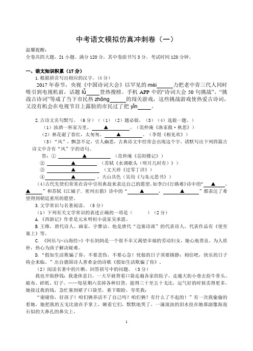 中考语文模拟试卷(一)含答案