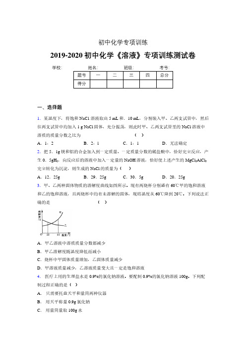 2019-2020学年初中化学《溶液》专项训练模拟测试(含答案) (62)