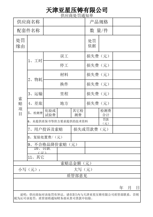 供应商处罚通知单