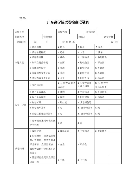 广东商学院 试卷检查记录表