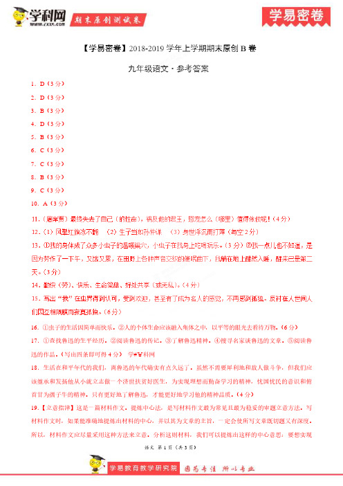 学易密卷：段考模拟君之2019学年九年级语文上学期期末考试原创卷B卷(湖北)(参考答案)