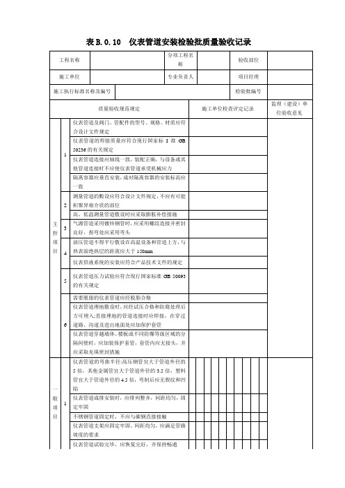 表B.0.10  仪表管道安装检验批质量验收记录(2019版)
