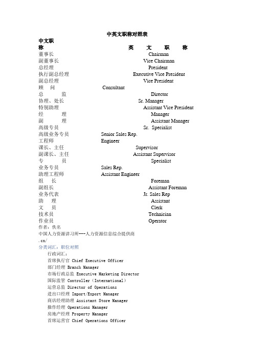 中英文职称对照表