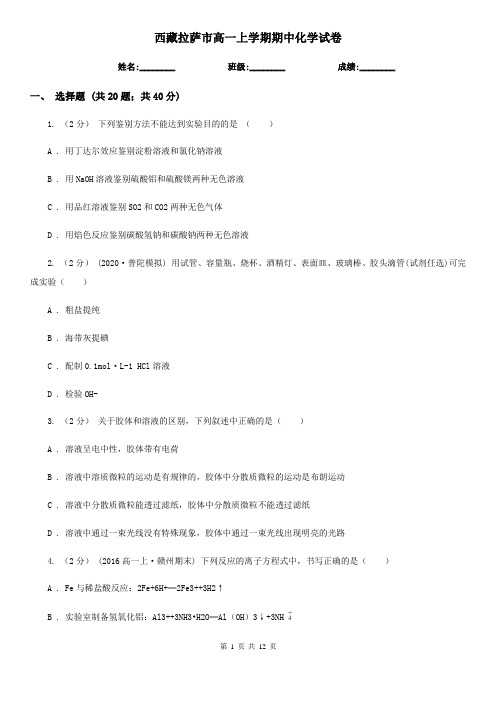 西藏拉萨市高一上学期期中化学试卷