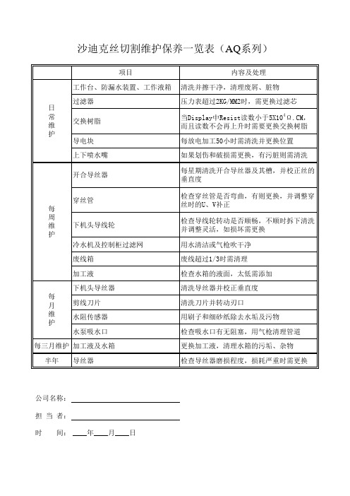 沙迪克线切割维护保养一览表(AQ系列)