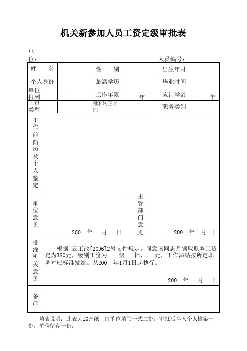 机关新参加人员工资定级审批表