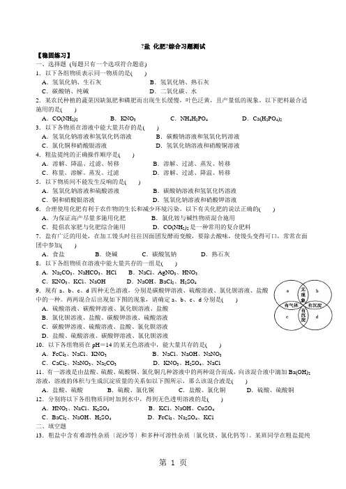2021学年初三化学人教版(下)《盐 化肥》综合习题测试(含解析)
