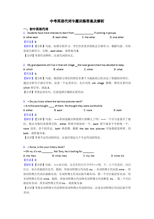 中考英语代词专题训练答案及解析