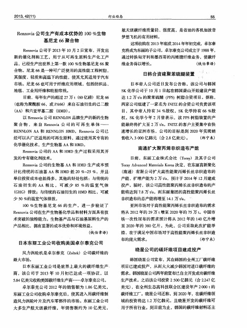 Rennovia公司生产有成本优势的100%生物基尼龙66聚合物